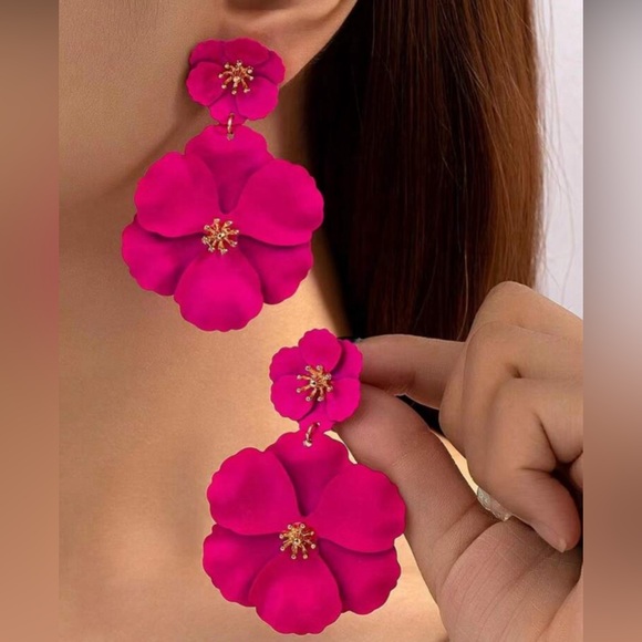 Pink Flower Drop Earrings - Picture 6 of 6